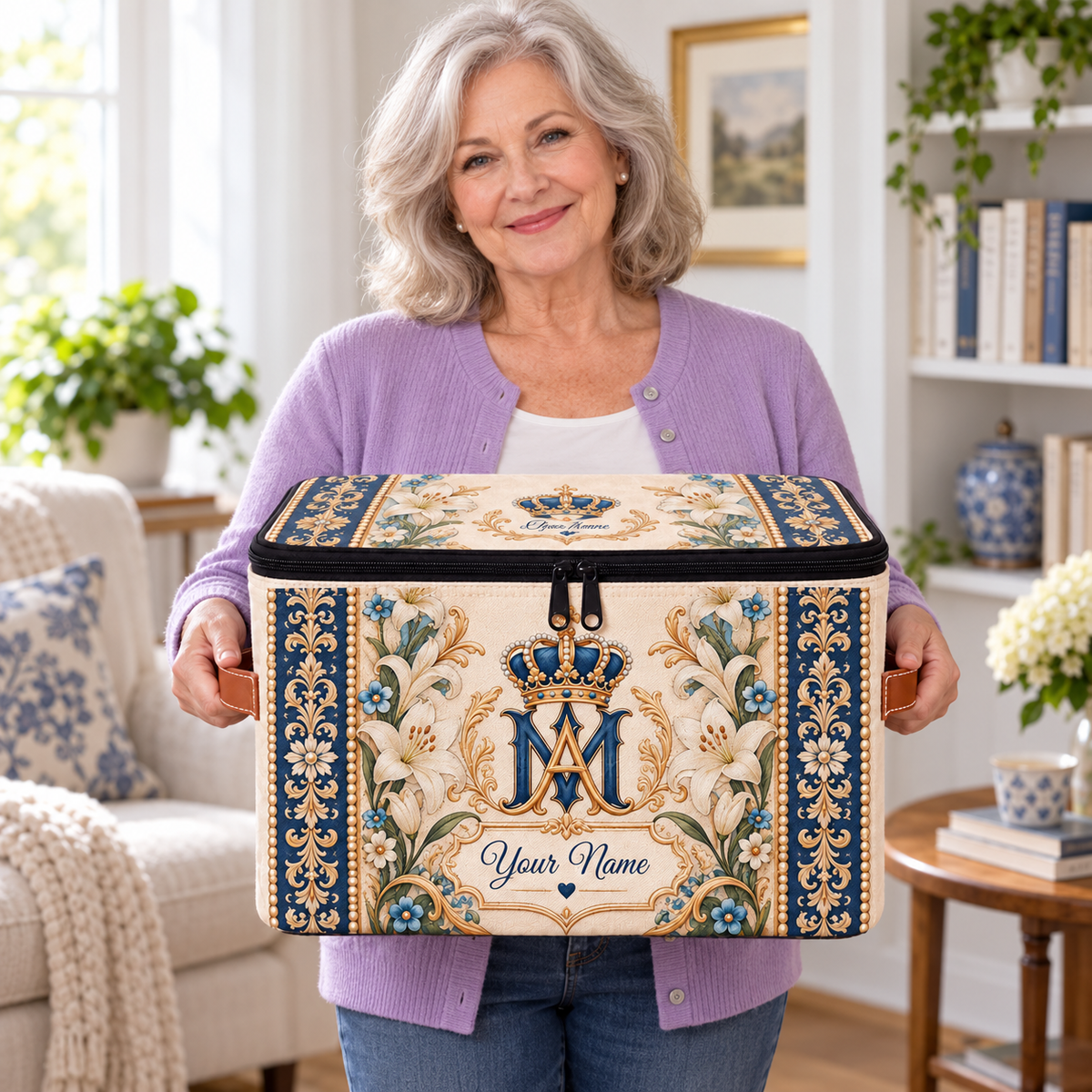 Personalized Royal Blue Lily Square Storage Basket With Lid