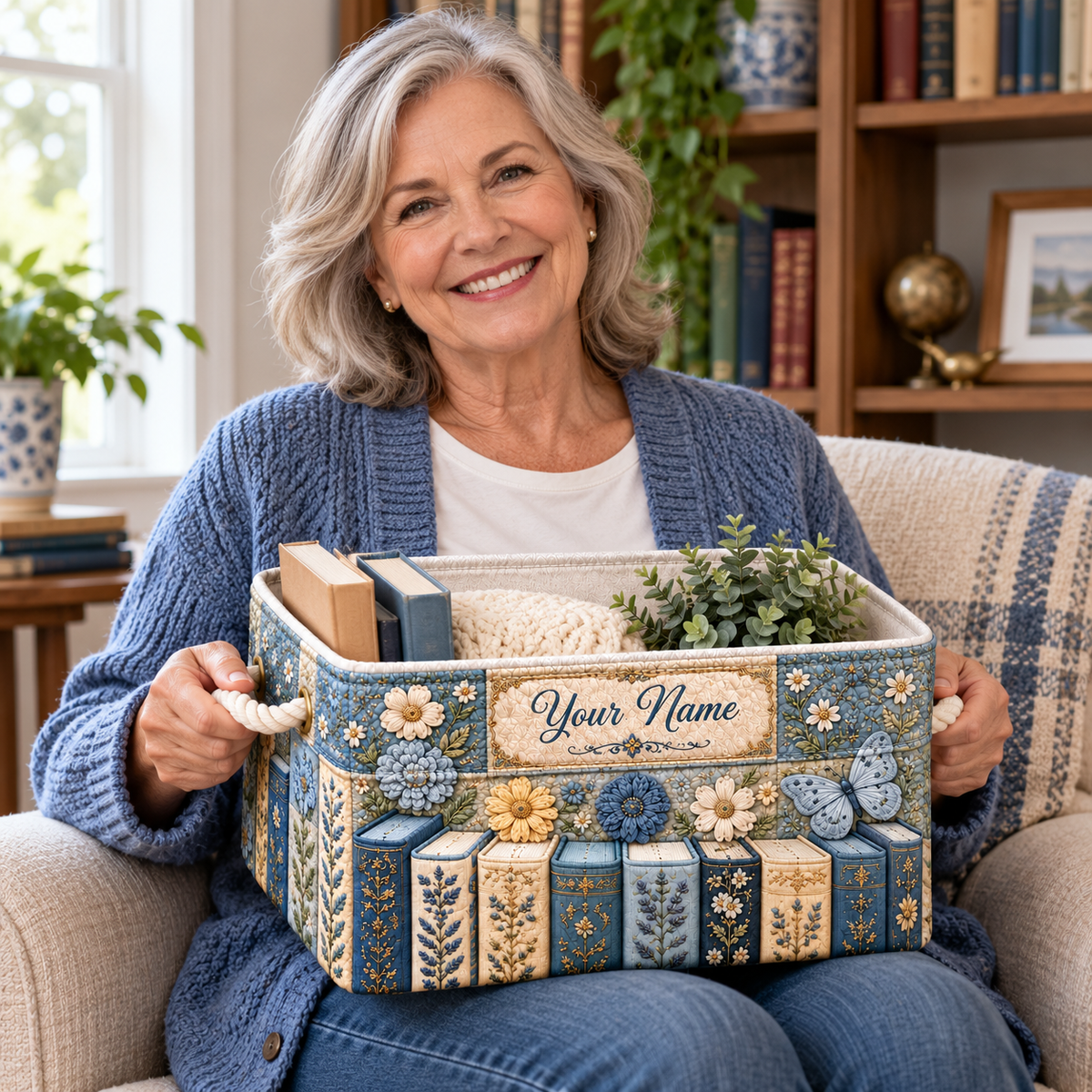 Personalized Blue Floral Books Storage Basket