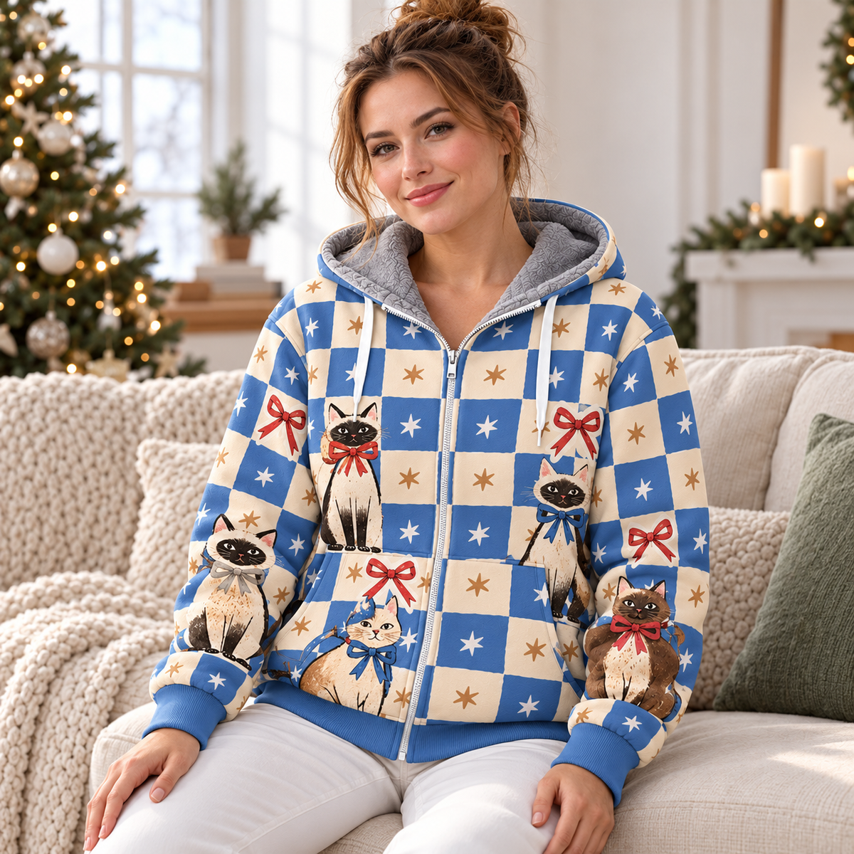 Checkerboard Bow Tie Cat Personalized Fleece Jacket
