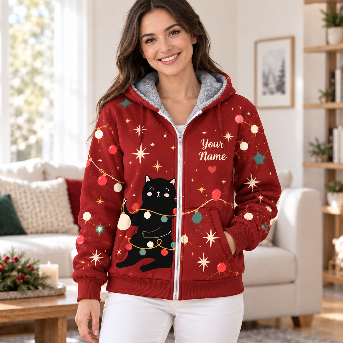 Merry Christmess Black Cat Personalized Fleece Jacket
