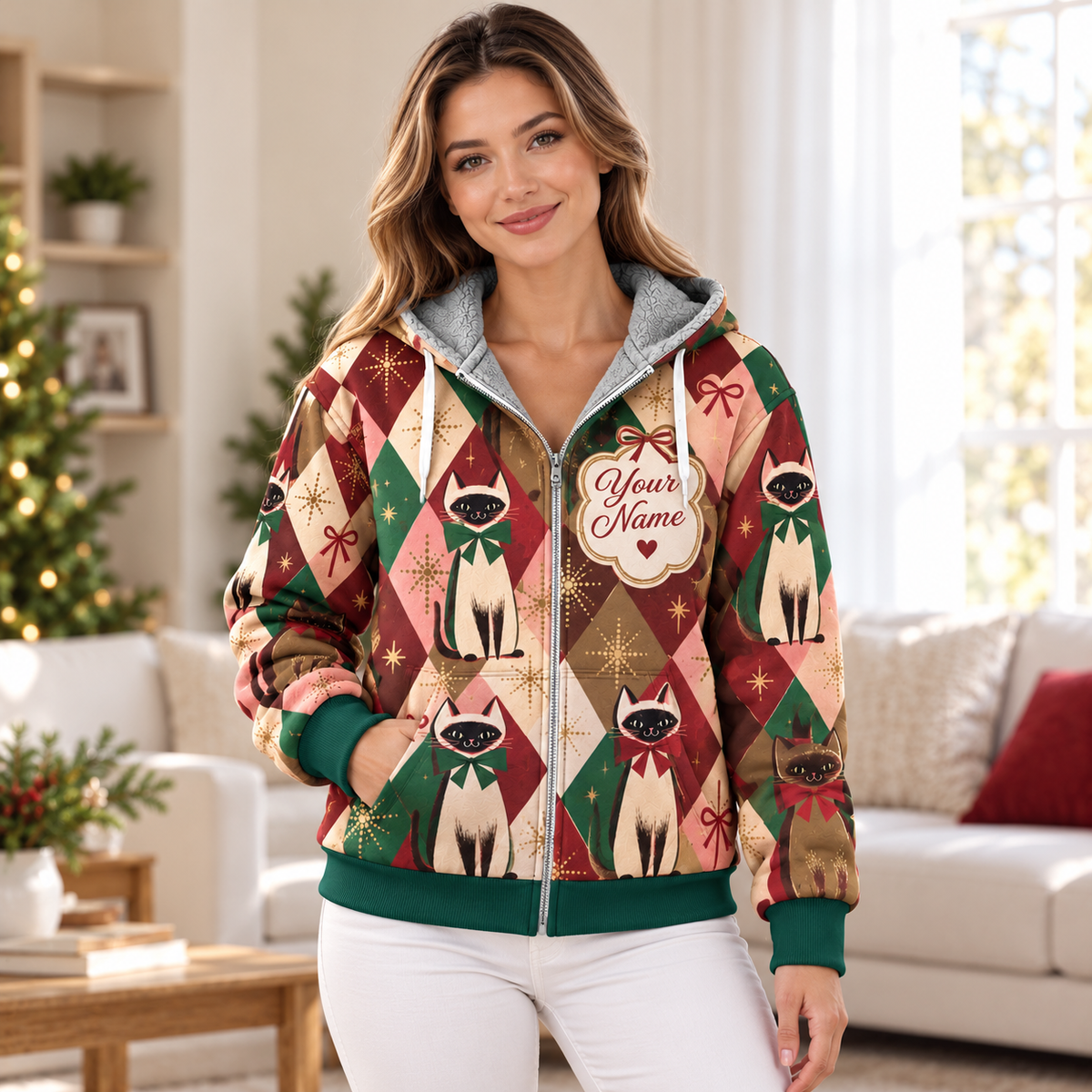 Siamese Cat Argyle Personalized Fleece Jacket