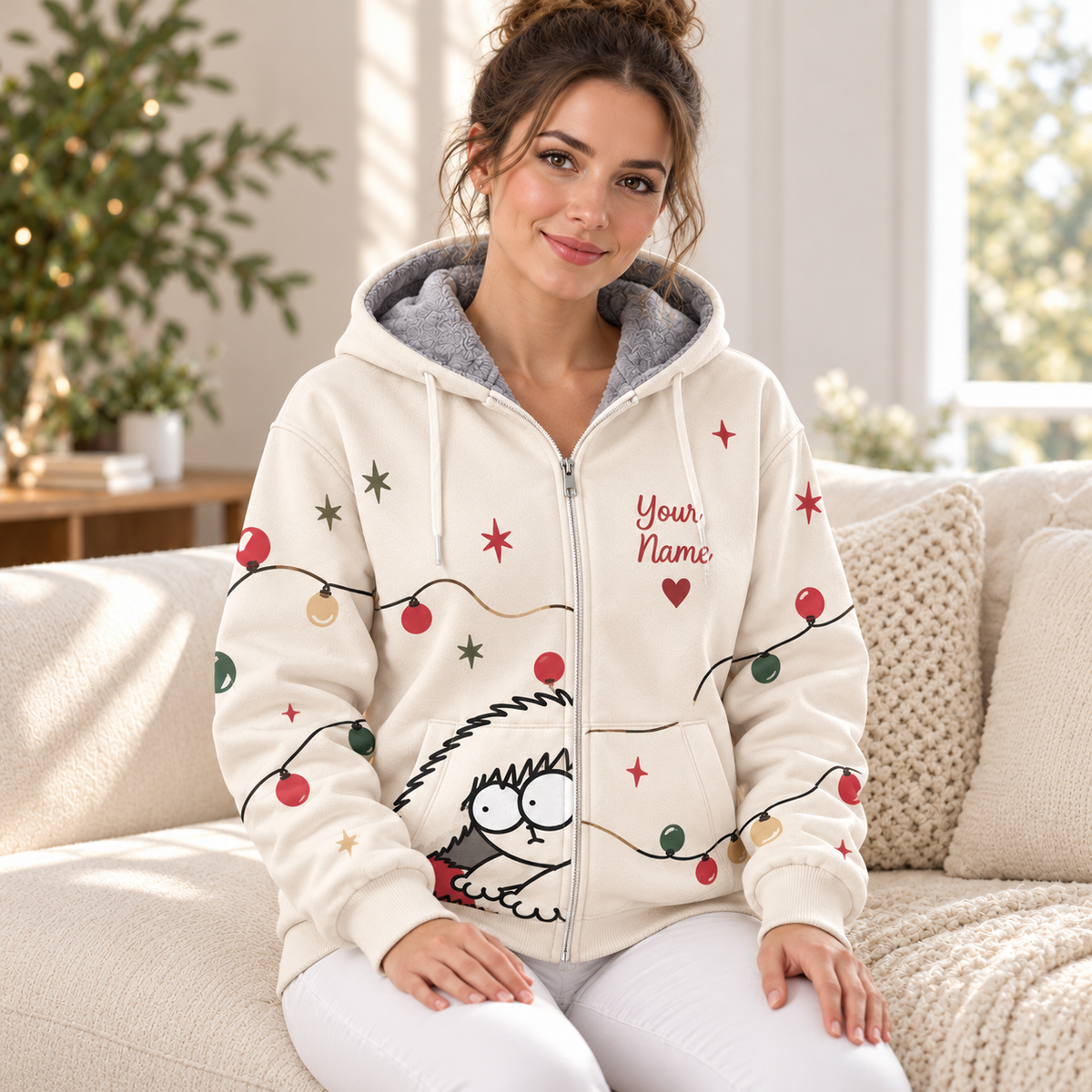 Santa Hat Fluffy Cat Personalized Fleece Jacket