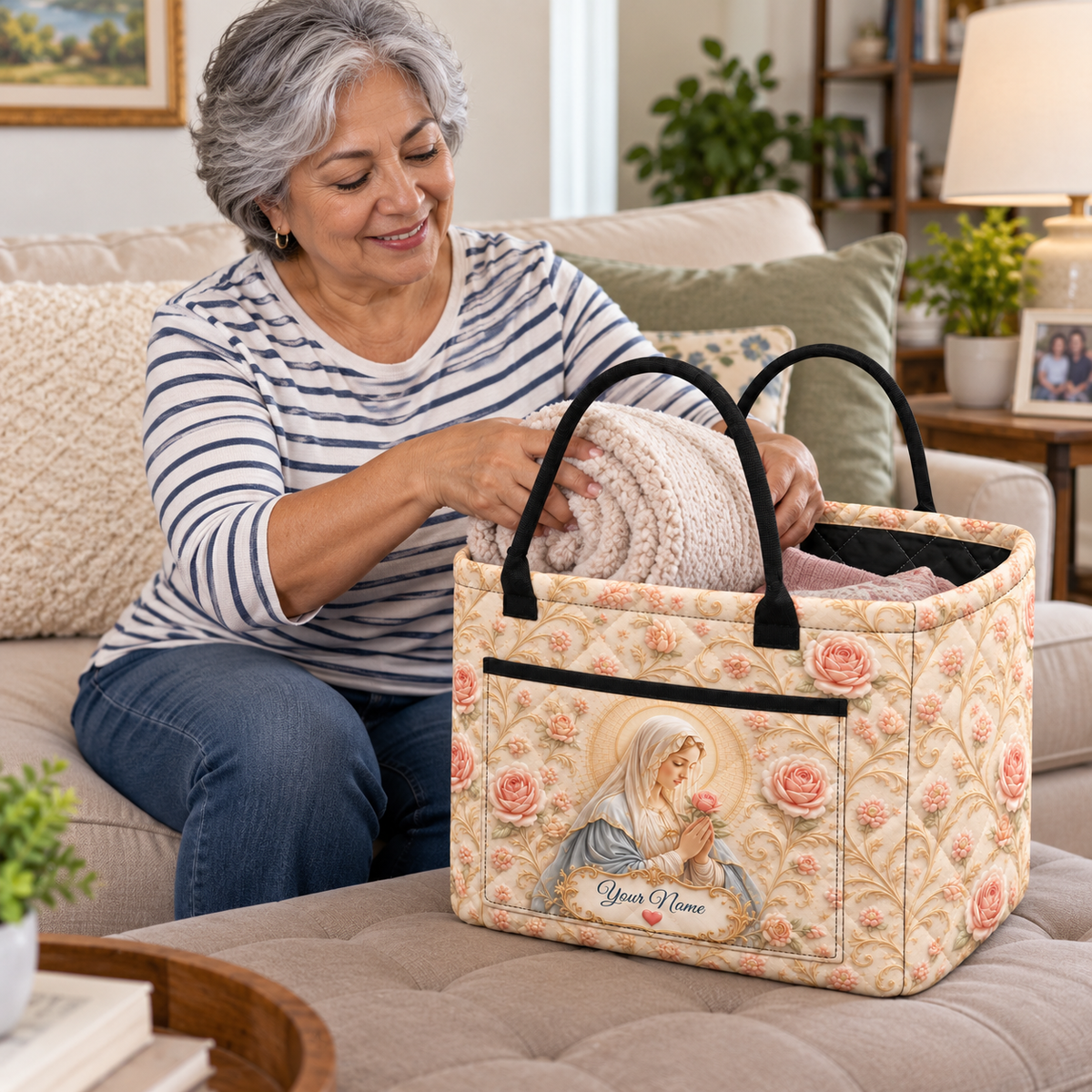 Personalized Blush Rose Vintage Quilted Storage Basket