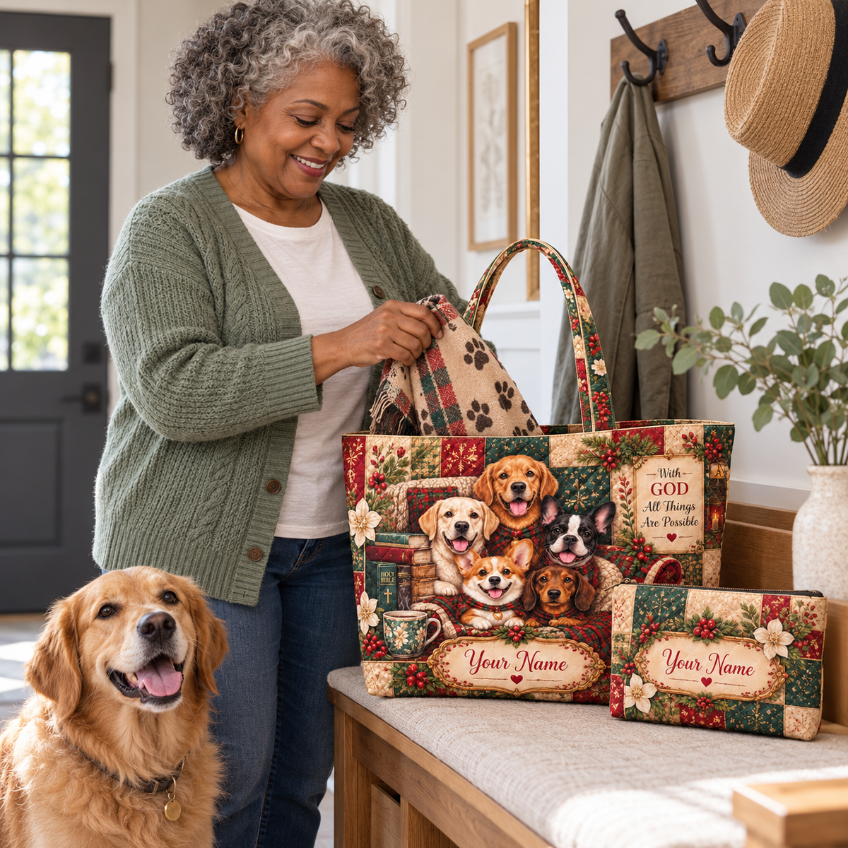 Personalized Festive Dogs Quilted Shoulder Bag & Storage Bag