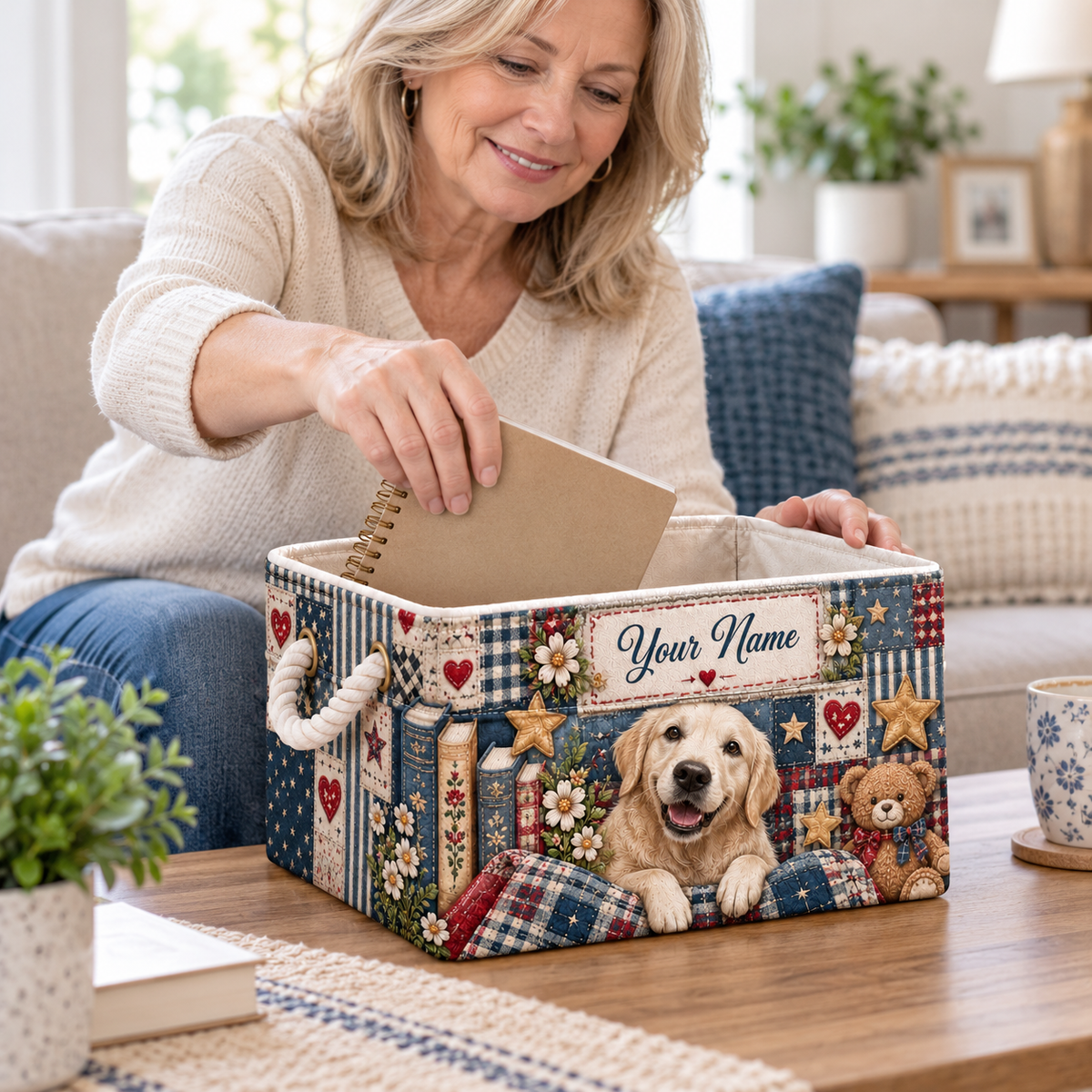 Personalized Golden Retriever Patchwork Storage Basket