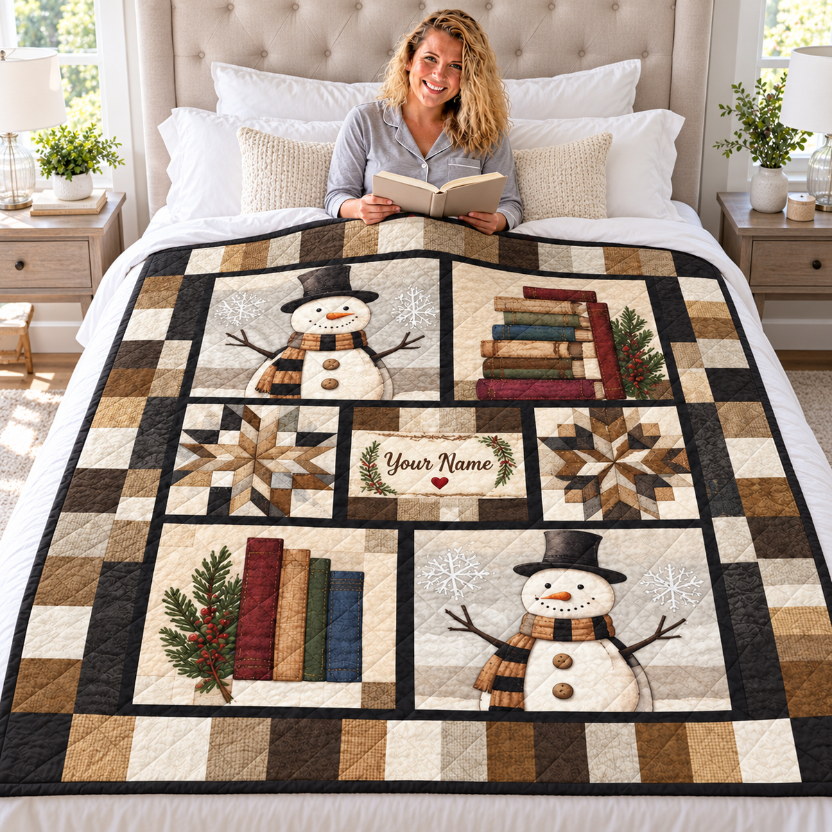 Personalized Snowmen and Books Quilt