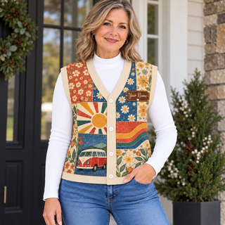 Retro Camper Floral Personalized Knitted Cardigan Vest