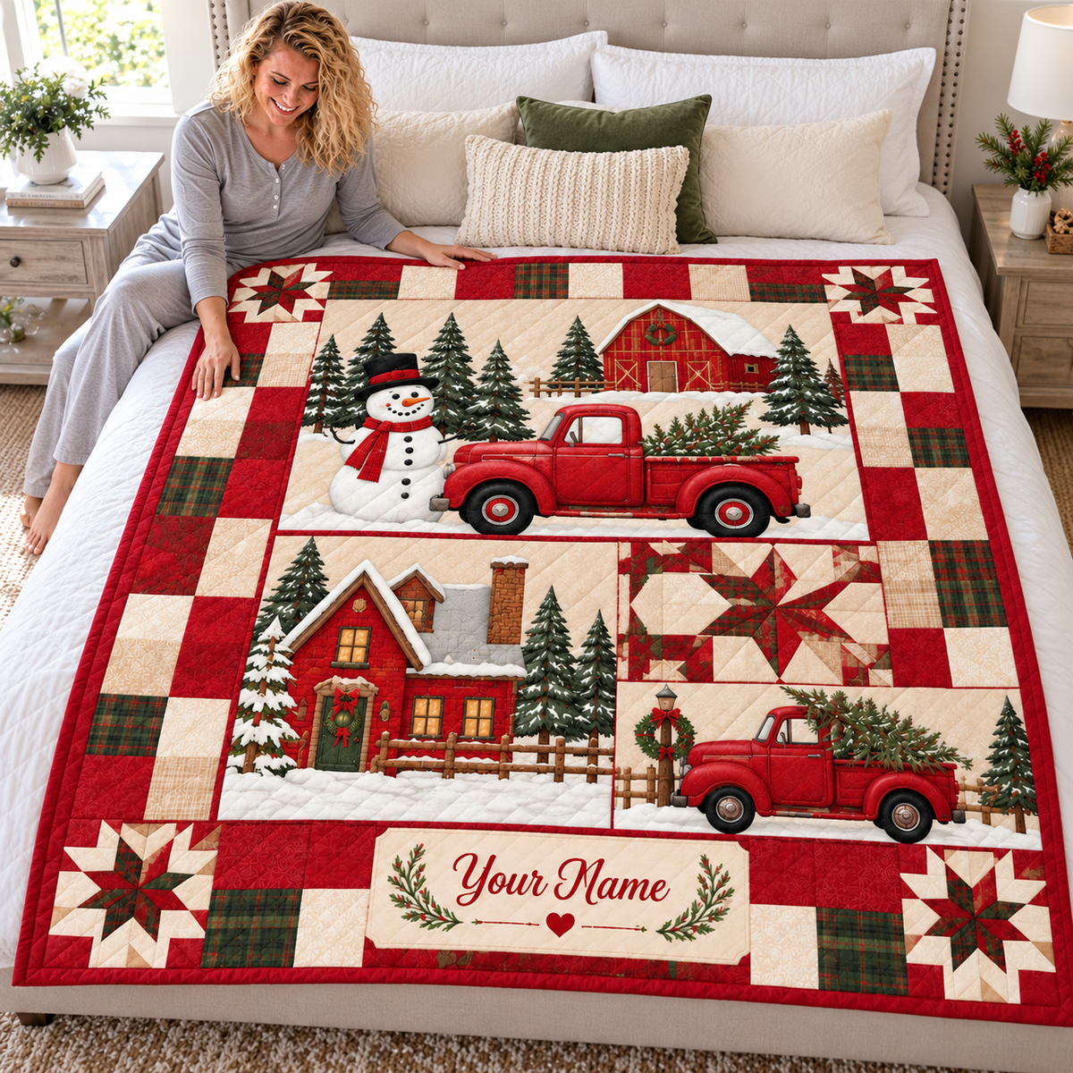 Personalized Red Truck Snowman Quilt