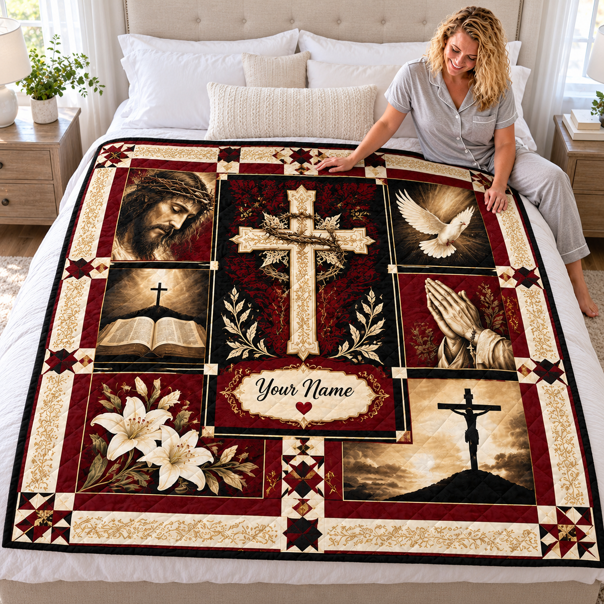 Personalized Burgundy Dove and Lilies Quilt