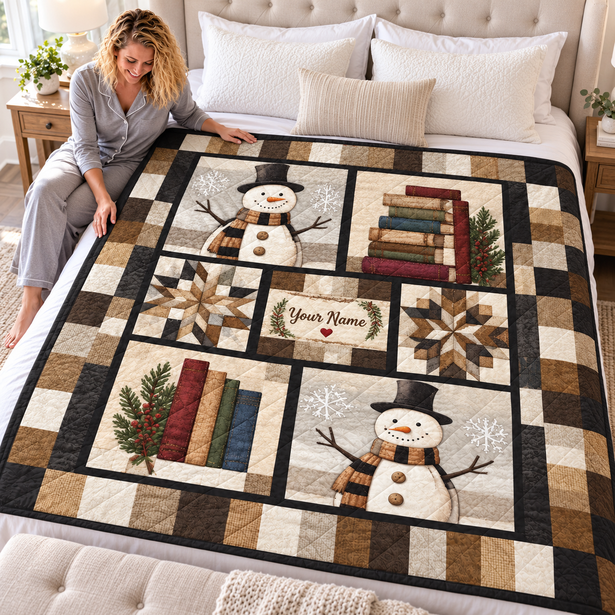 Personalized Snowmen and Books Quilt
