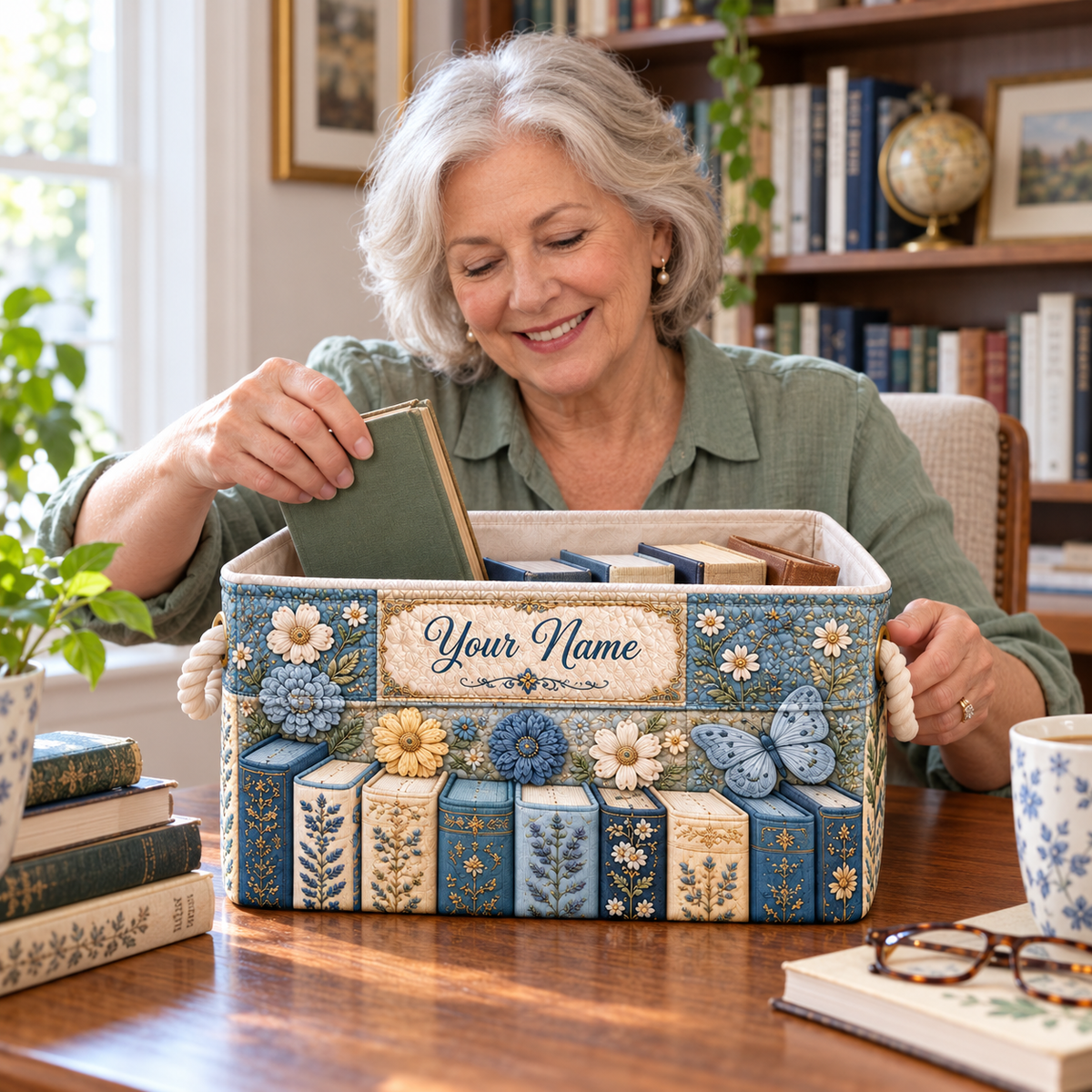 Personalized Blue Floral Books Storage Basket