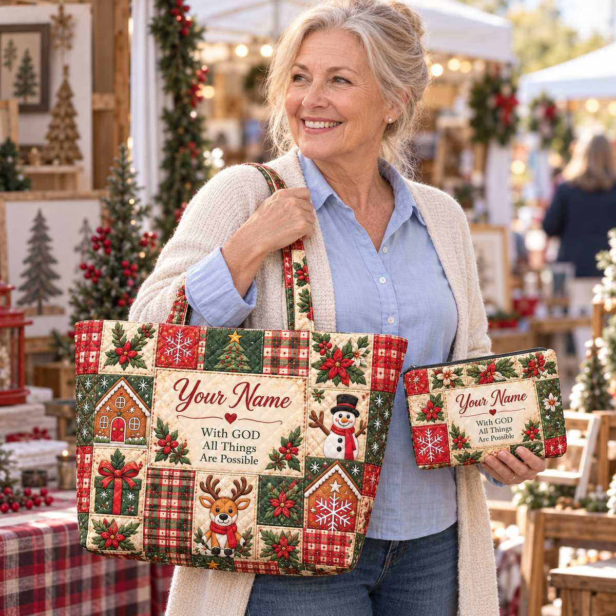 Personalized Snowman & Reindeer Quilted Shoulder Bag & Storage Bag