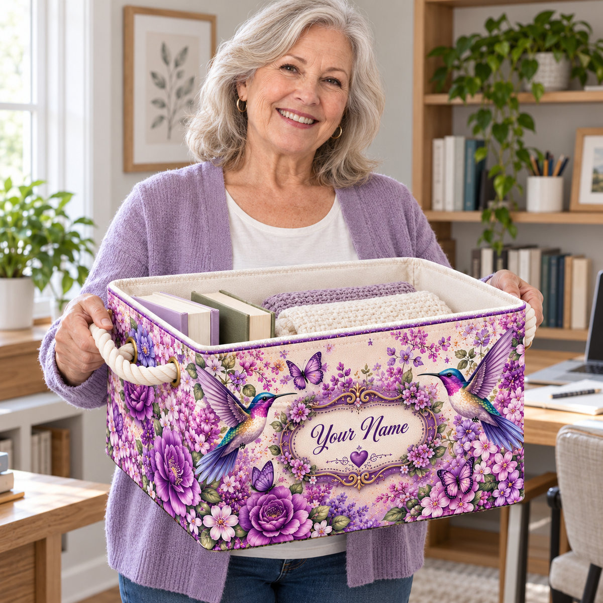 Personalized Purple Hummingbird Floral Storage Basket