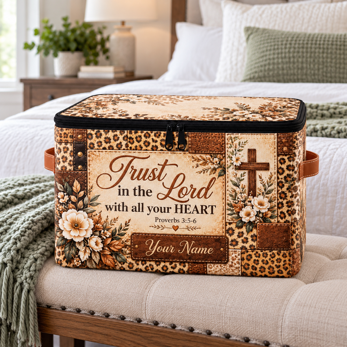 Personalized Leopard Floral Square Storage Basket With Lid