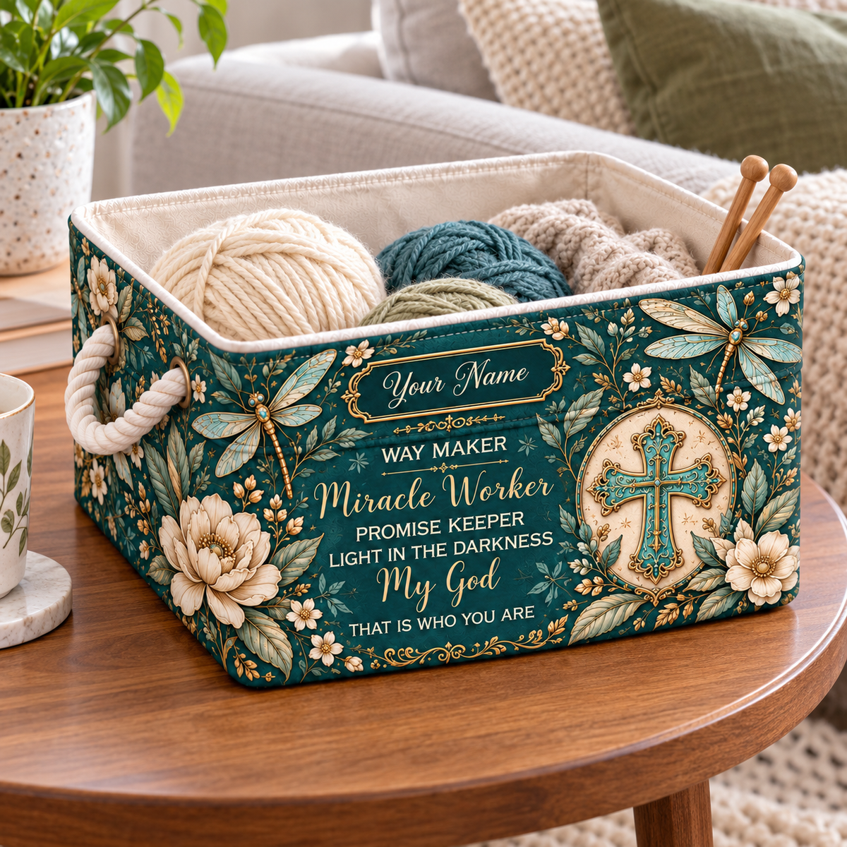 Personalized Teal Dragonfly Floral Storage Basket