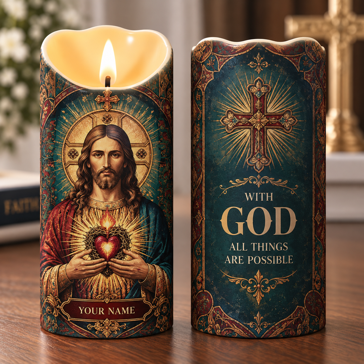 Personalized Sacred Heart of Jesus Flameless LED Candle