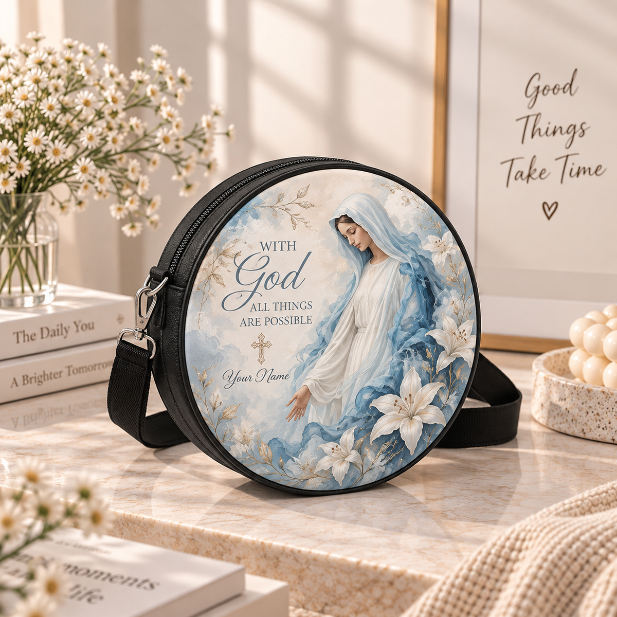 Personalized Virgin Mary With God Personalized Leather Round Bag