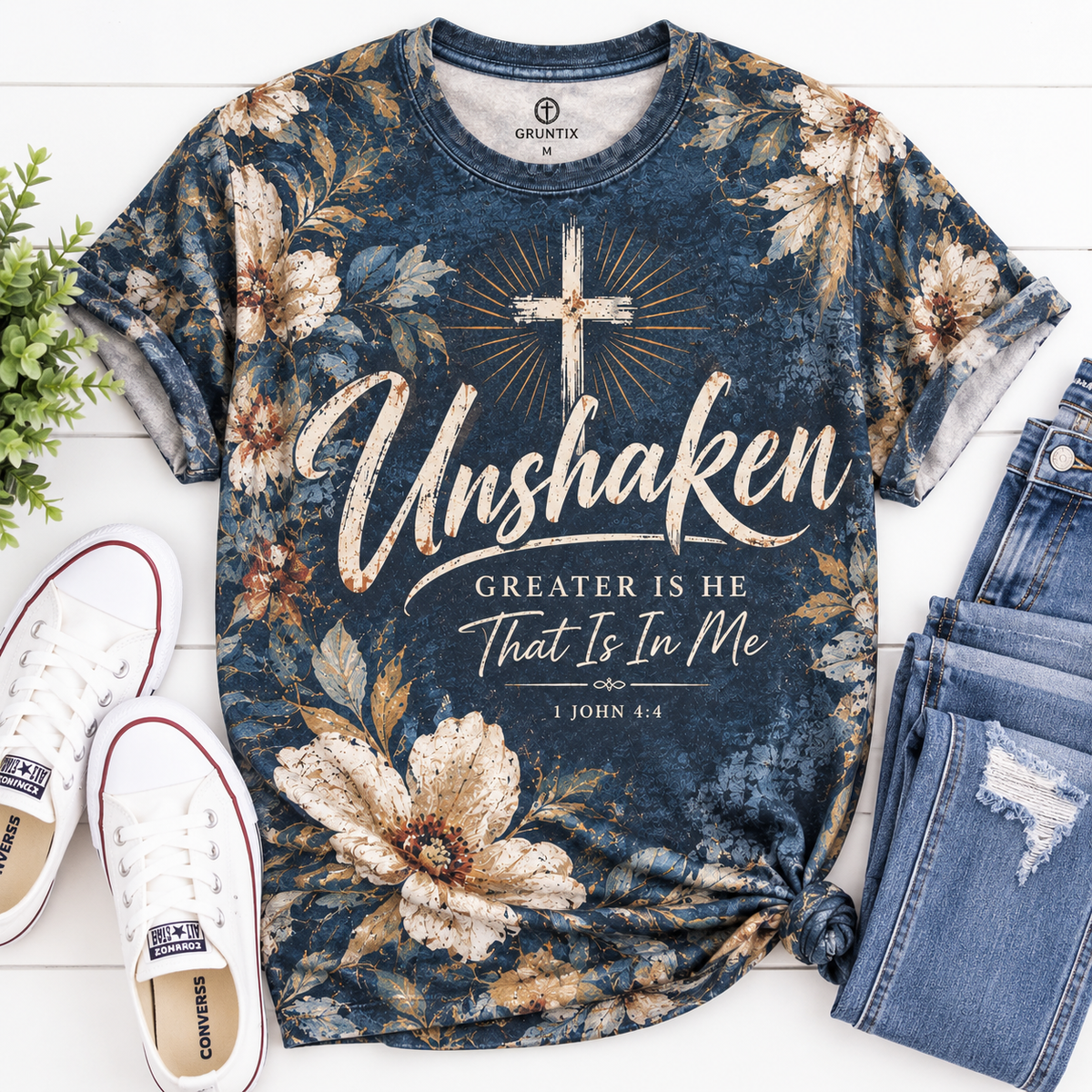 Unshaken Greater Is He That Is In Me 1 John 4:4 Floral All-Over Print Shirt
