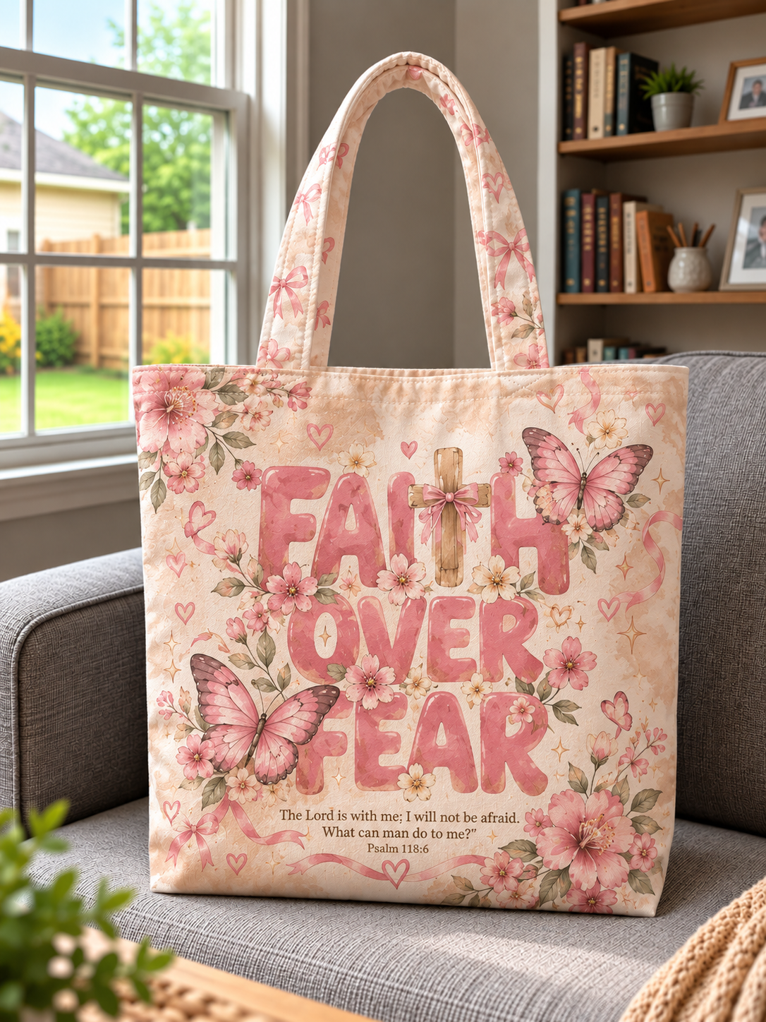 Faith Over Fear Pink Butterfly Cross Tote Bag