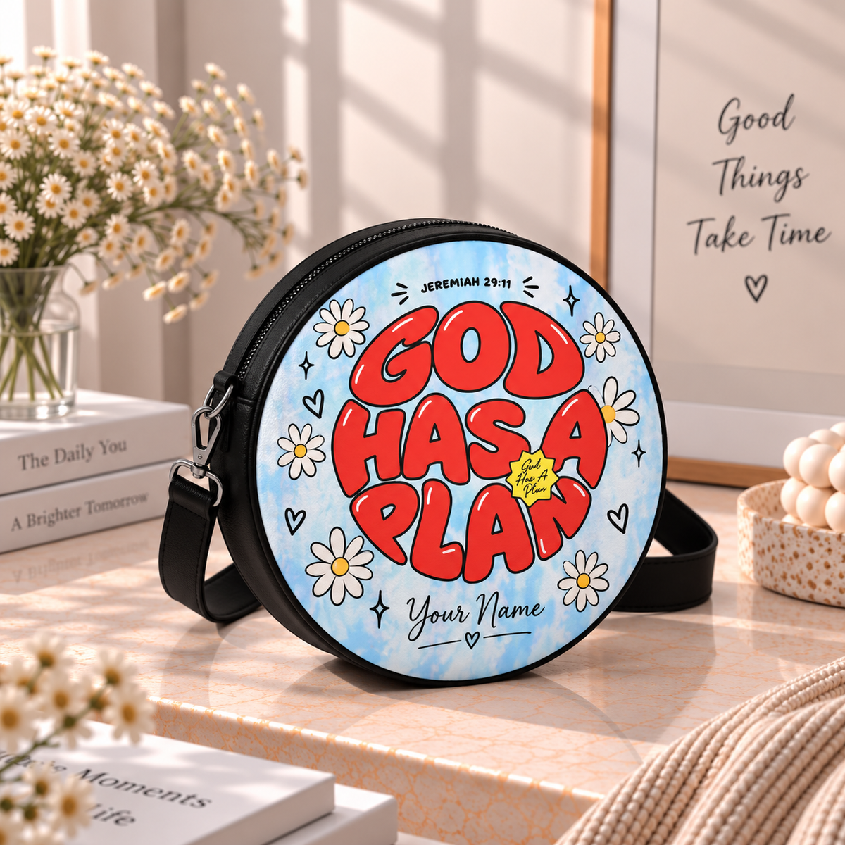 Personalized God Has a Plan Daisy Leather Round Bag