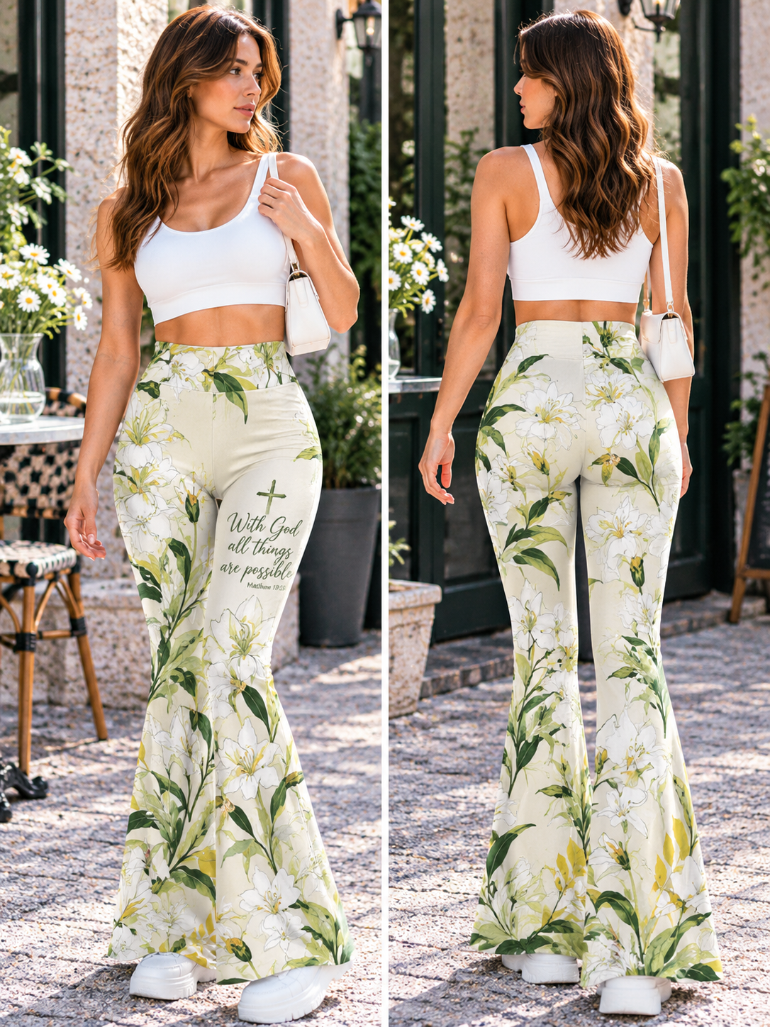 With God White Floral Flare Yoga Pants
