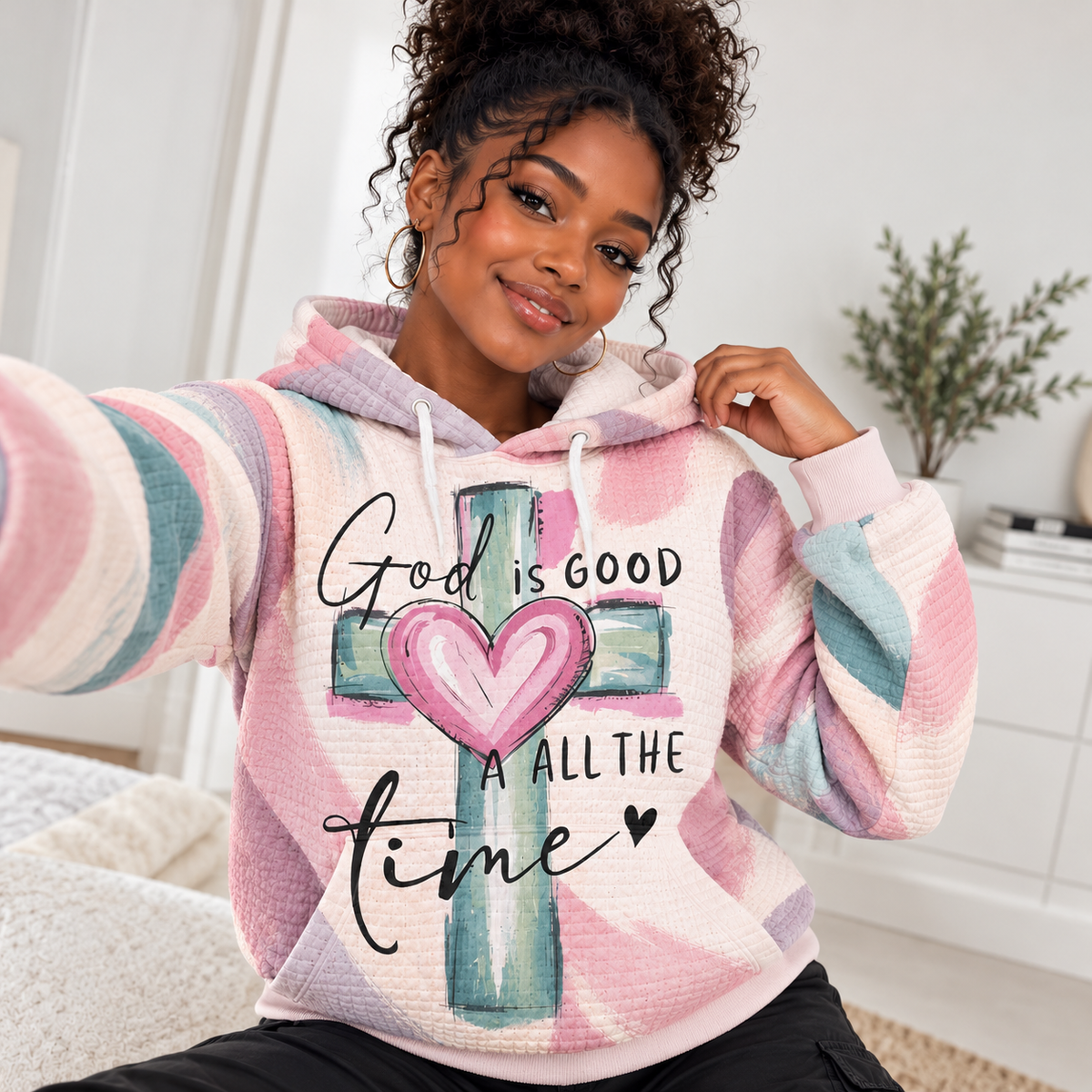 Pastel Pink Heart Waffle Hoodie