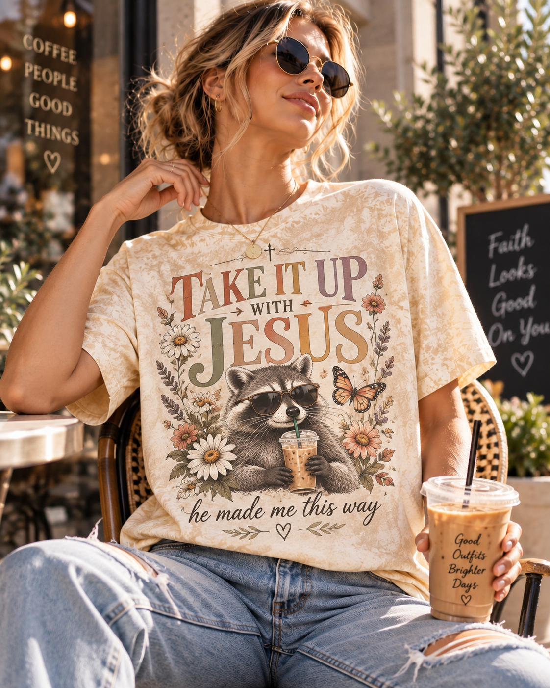 Take It Up with Jesus Funny Cat Christian T-Shirt | Cream