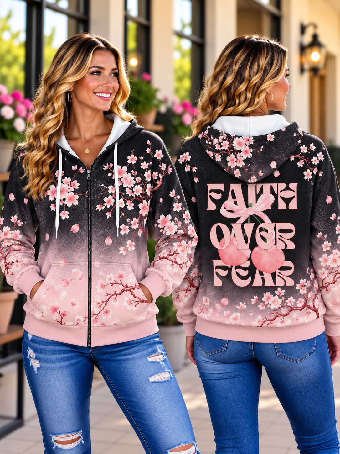Faith Over Fear Cherry Blossom Zip Hoodie