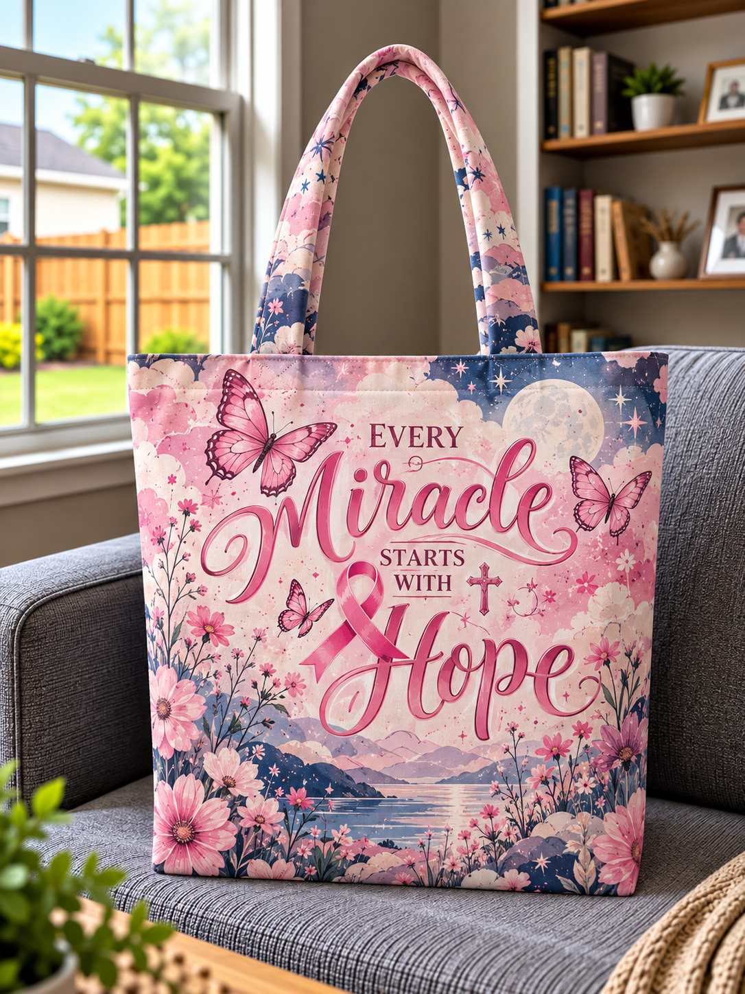 Every Miracle Starts With Hope Pink Ribbon Moon Tote Bag