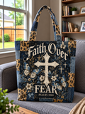 Faith Over Fear Denim Leopard Patchwork Cross Tote Bag