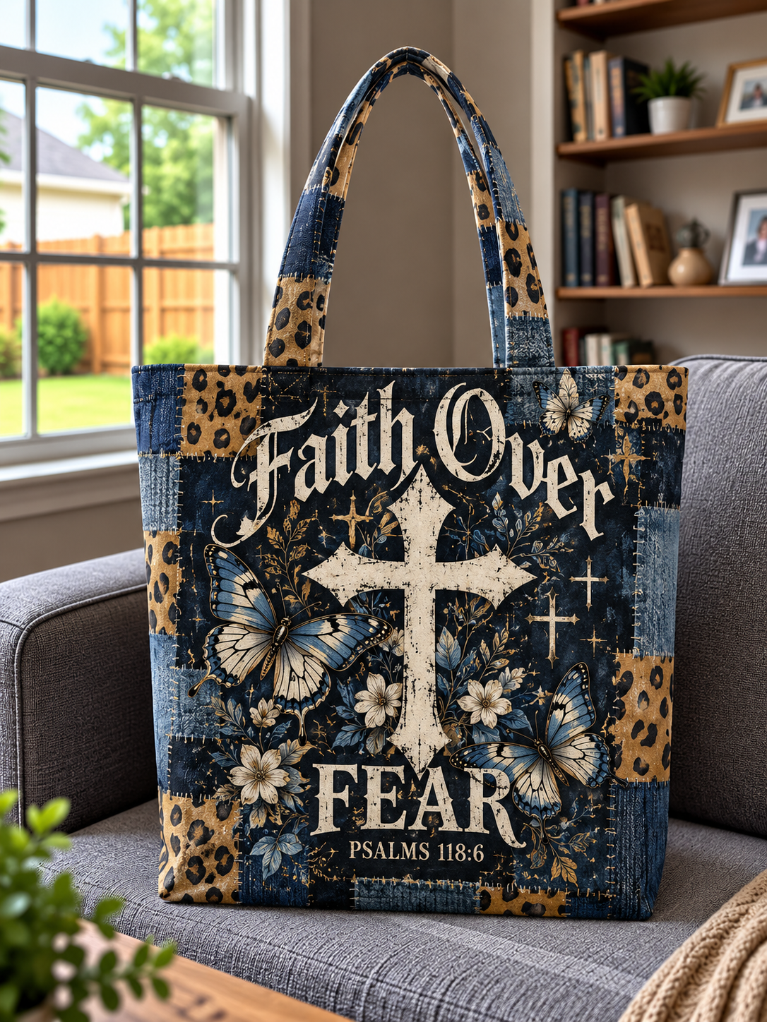 Faith Over Fear Denim Leopard Patchwork Cross Tote Bag