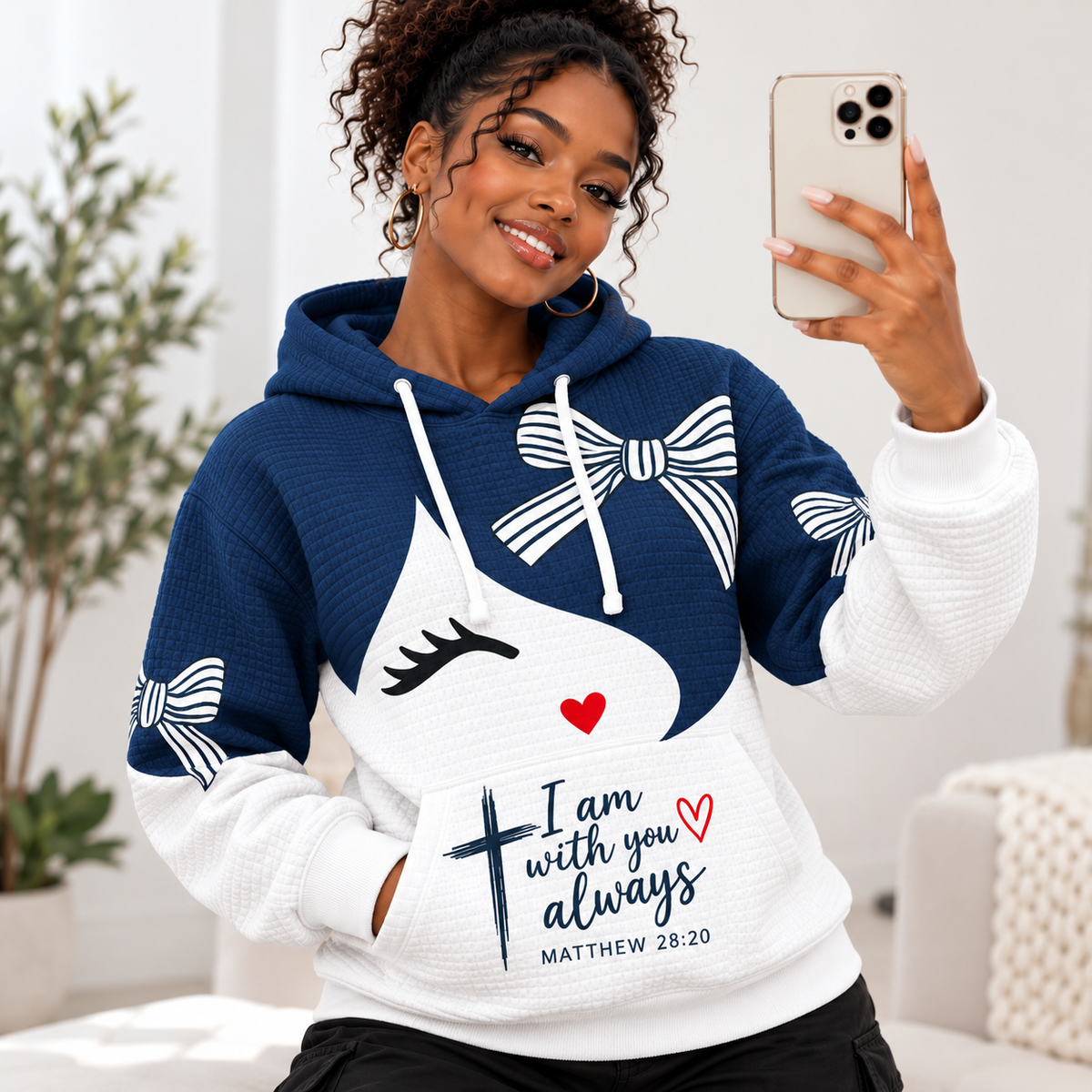 Navy Bow Cat Waffle Hoodie