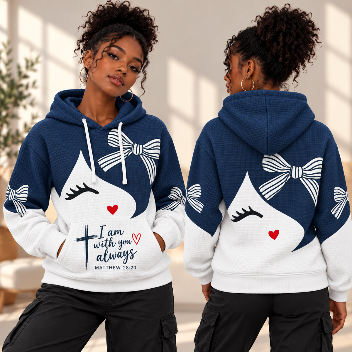 Navy Bow Cat Waffle Hoodie