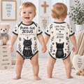 Front and back white baby bodysuit with black cat holding fish and Purr-Sue Jesus text
