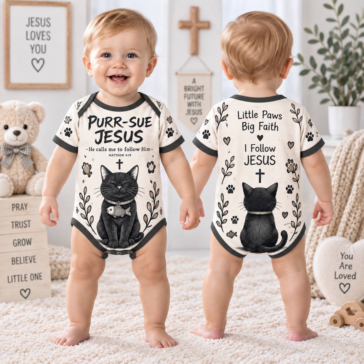 Front and back white baby bodysuit with black cat holding fish and Purr-Sue Jesus text