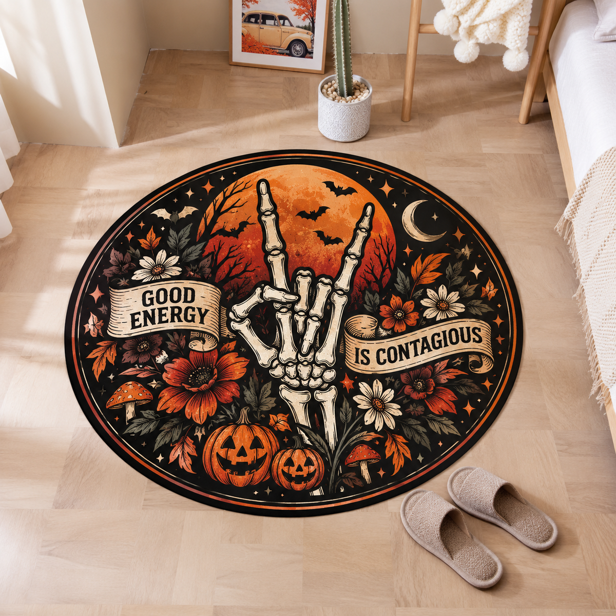 Good Energy Skeleton Halloween Round Rug