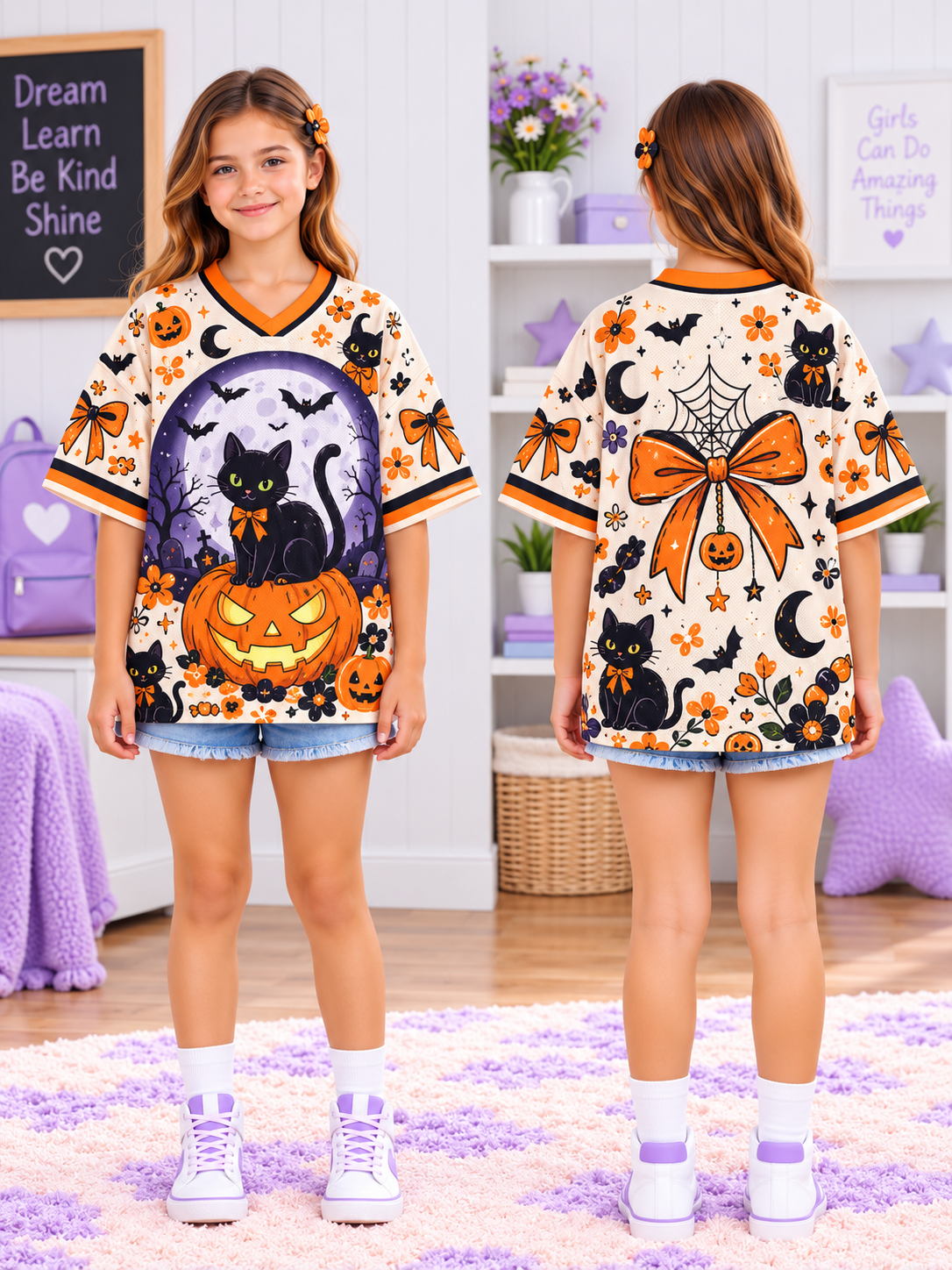 Black Cat Pumpkin Kids T-Shirt Jersey