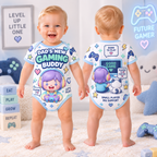 Front and back of baby bodysuit with purple-haired little gamer, controller and white cat