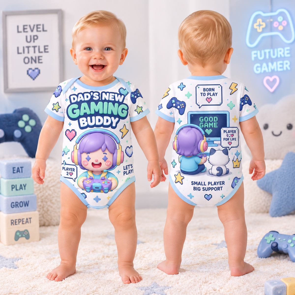 Front and back of baby bodysuit with purple-haired little gamer, controller and white cat