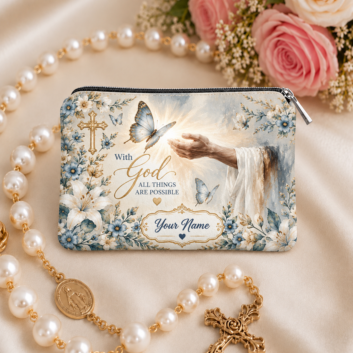 With God Butterfly Personalized PU Leather Pouch