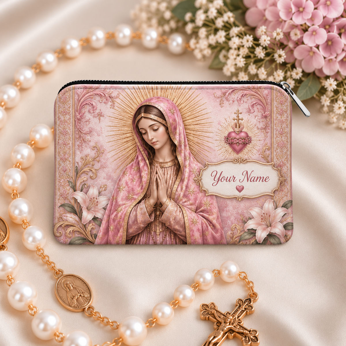 Pink Virgin Mary Personalized PU Leather Pouch