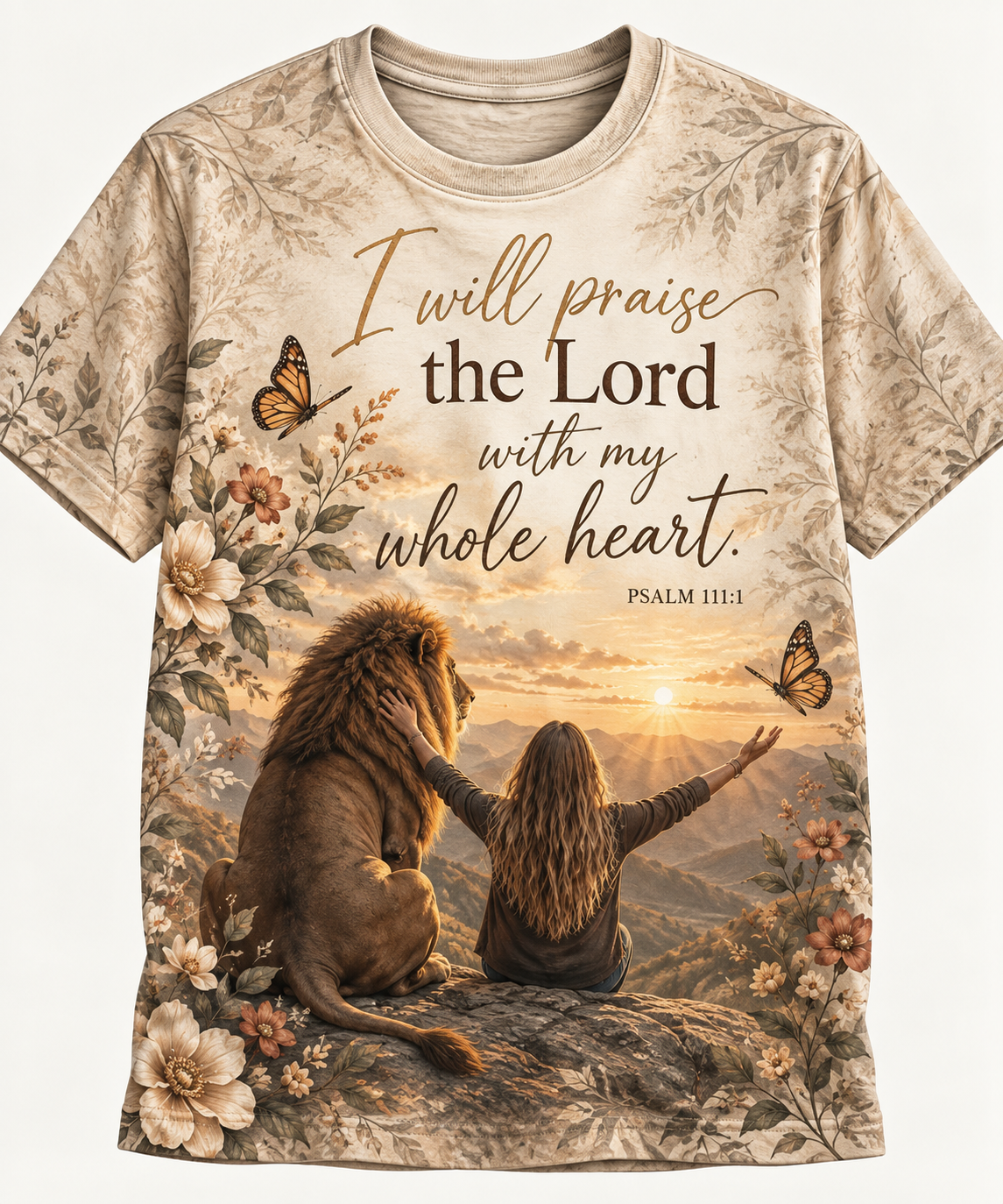 I Will Praise The Lord Psalm 111:1 Lion And Sunrise Christian T-Shirt