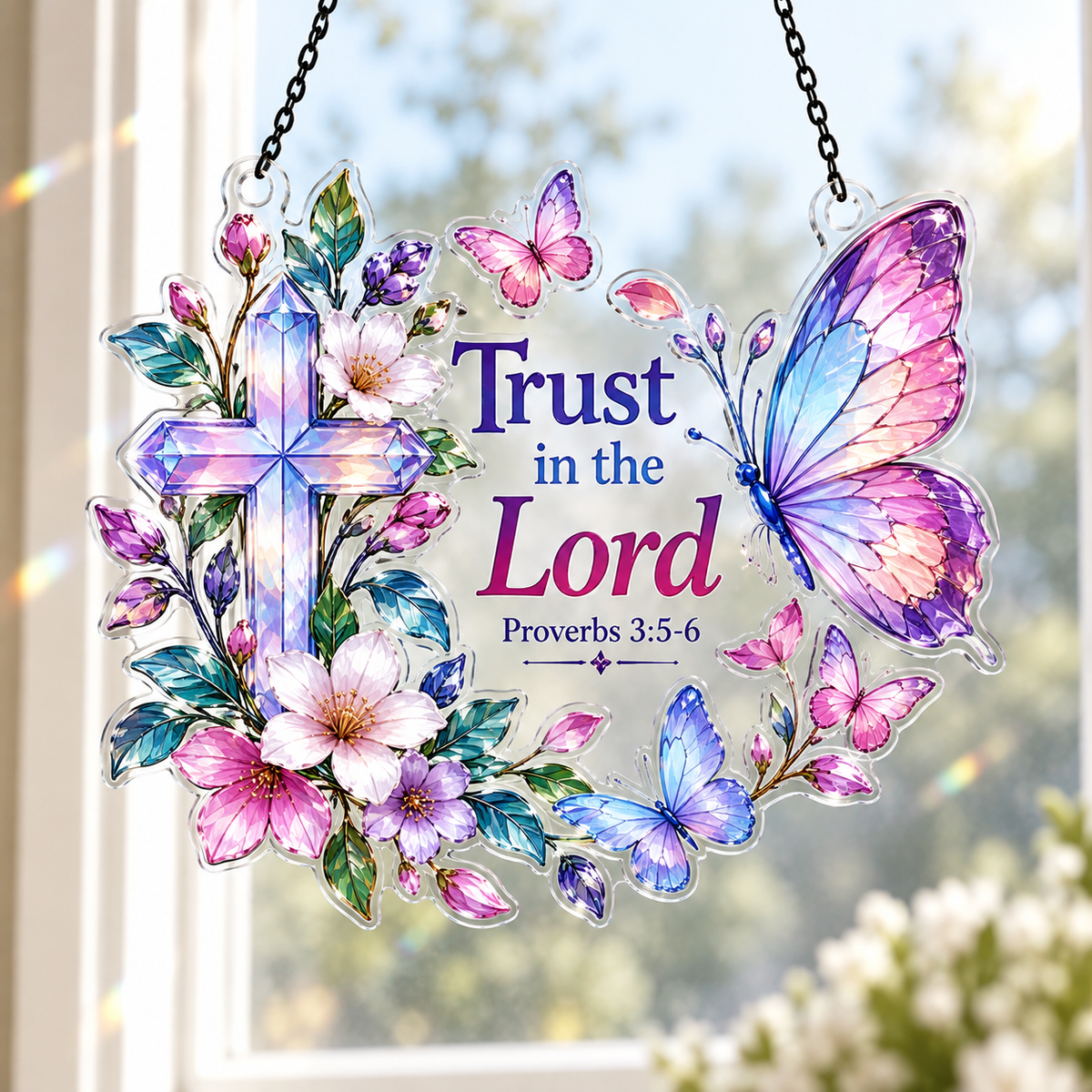 Trust In The Lord Butterfly Cross Acrylic Suncatcher