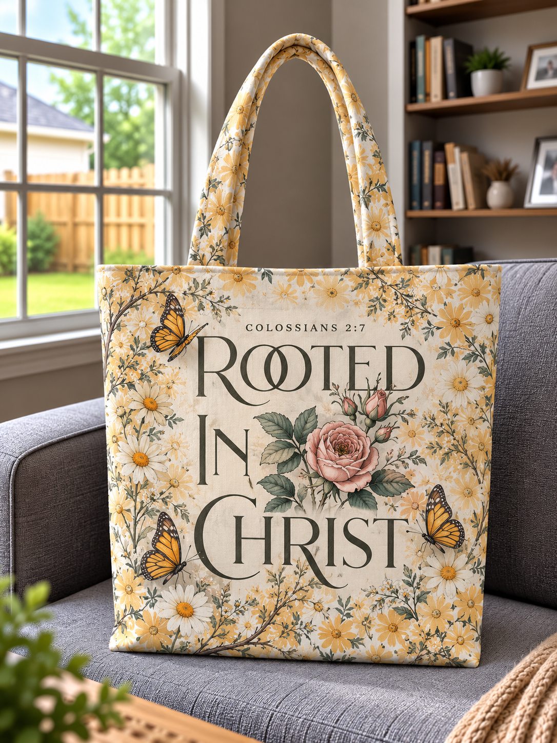 Rooted In Christ Vintage Rose Yellow Daisy Tote Bag