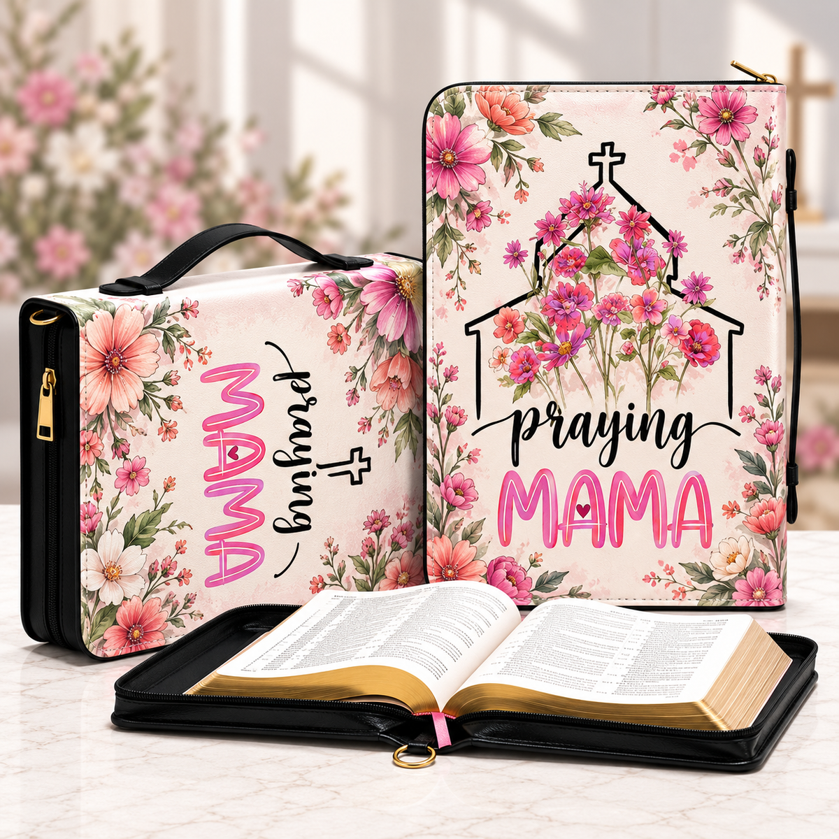 Praying Mama Pink Floral Church Bible Cover