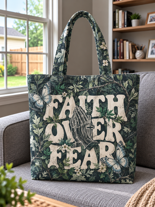 Faith Over Fear Praying Hands Green Botanical Tote Bag