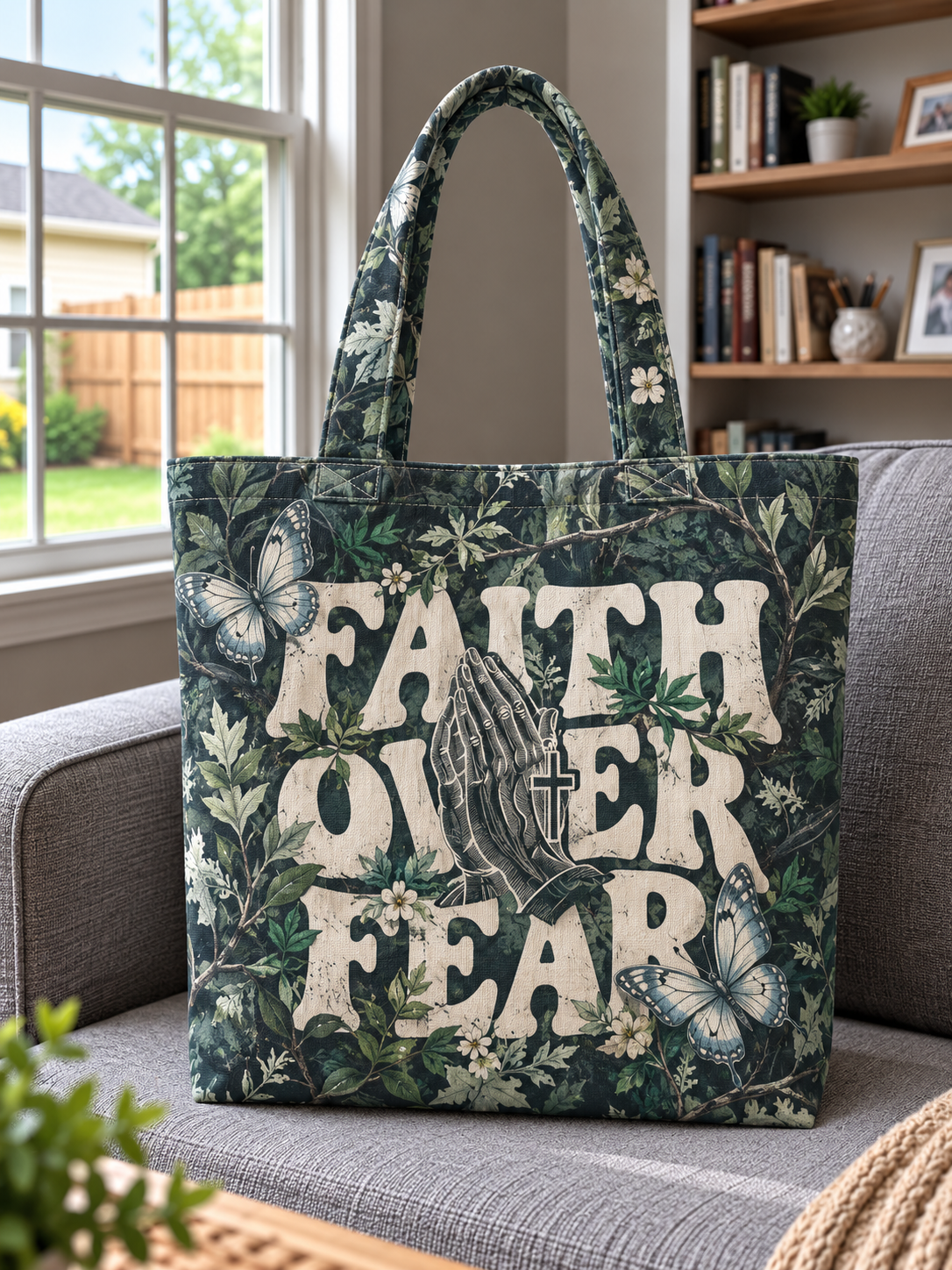 Faith Over Fear Praying Hands Green Botanical Tote Bag