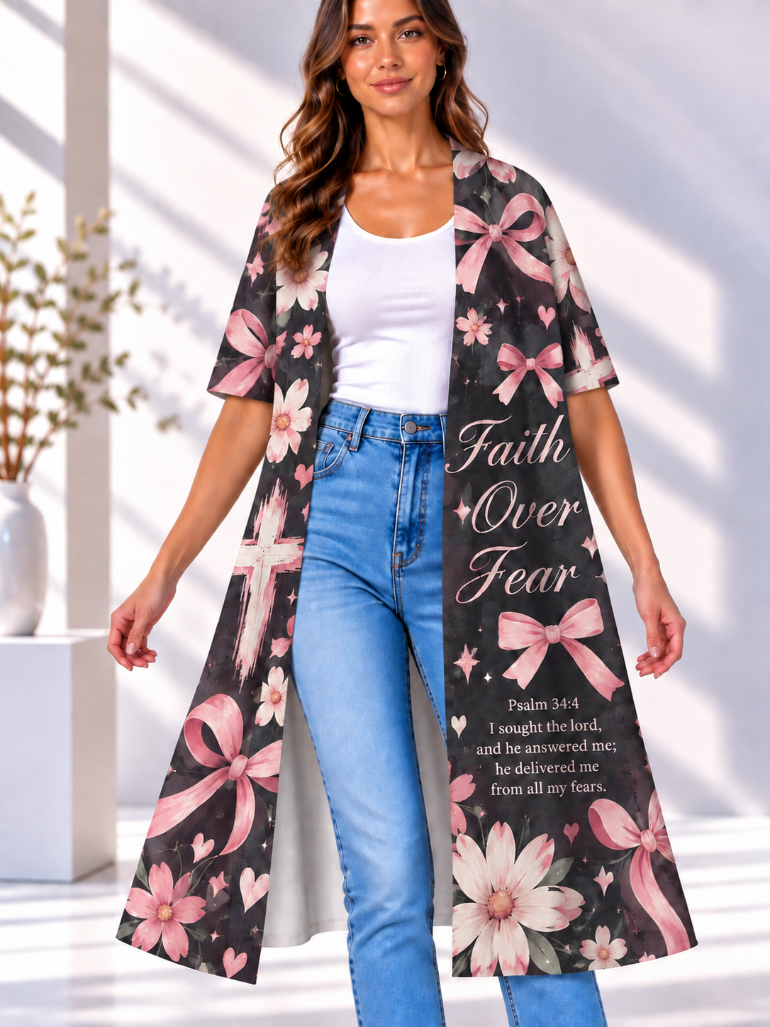 Faith Over Fear Pink Bow Women's Short-Sleeved Cape