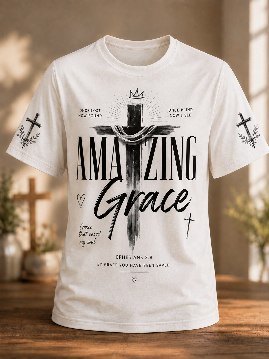 Amazing Grace T-Shirt – Ephesians 2:8 | Once Lost Now Found Christian All-Over Print