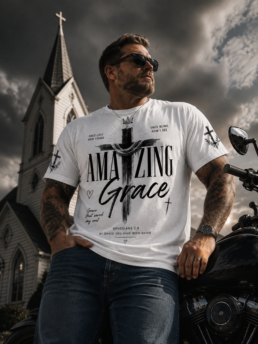 Amazing Grace T-Shirt – Ephesians 2:8 | Once Lost Now Found Christian All-Over Print
